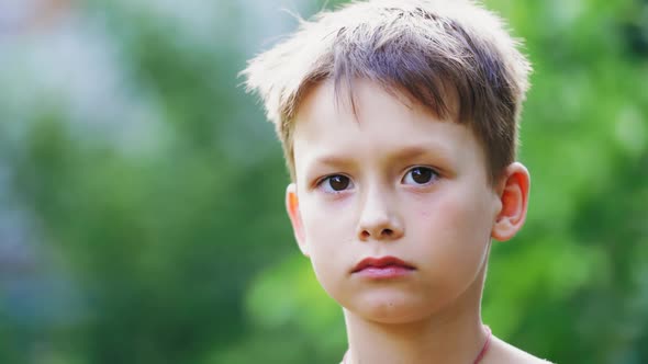 Close-up portrait of boy's face outdoors. Curious child looking at camera and showing his tongue alt