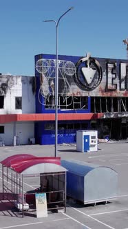 Vertical Video of a Burnt Shopping Center During the War in Bucha Ukraine