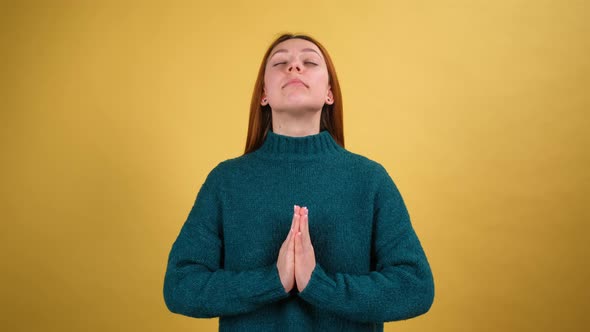 Young Red Hair Woman Posing Isolated on Yellow Color Background Studio