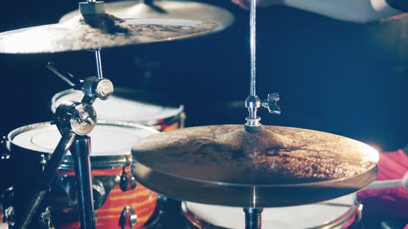 Drummer Drumset Drums in Slow Motion A Man Plays Wet Drums Hitting Cymbals