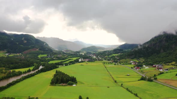 Beautiful aerial view of a valley in Hemsedal, Norway. Wide shot, push in.