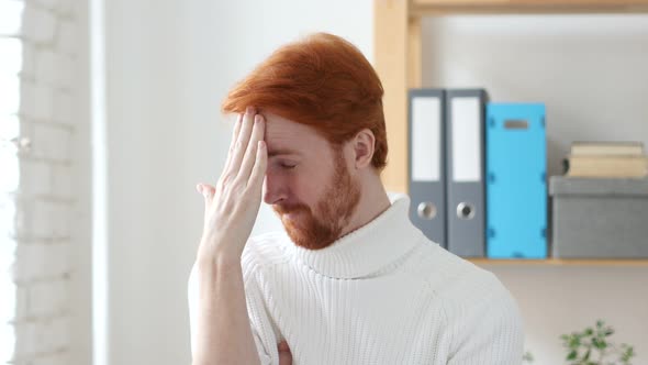 Headache, Frustrated Man with Red Hairs in Tension