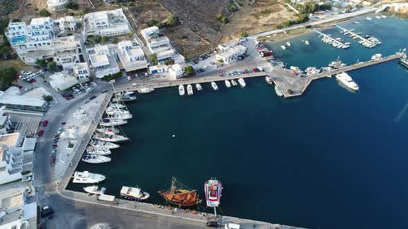 Port of the island of Ios in the Cyclades in Greece seen from the sky