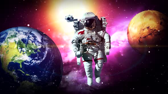 Astronaut In Space Near Earth and Mars Planets alt