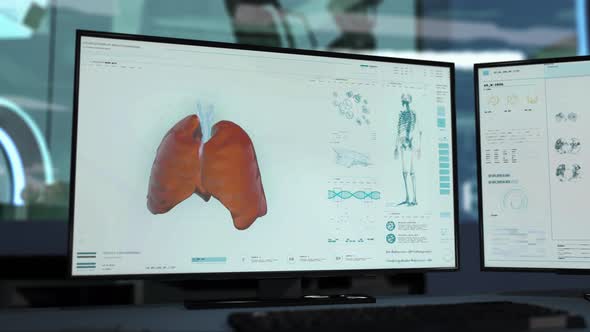 Laboratory scanner is investigating the 3D lungs infected with a pandemic virus alt