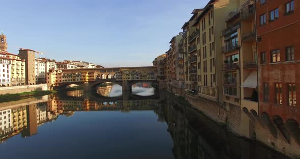 Picturesque Aerial View Over the Architectural Heritage of Italy. Ponte Vecchio Bridge in Florence