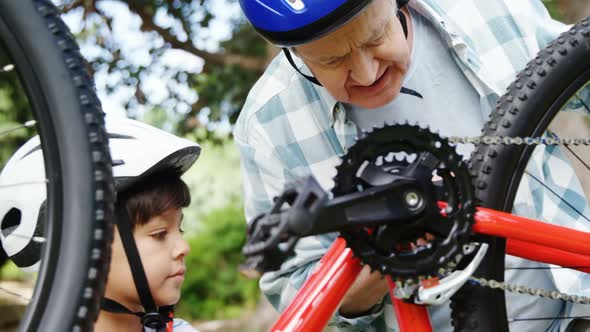 Grandfather and son repairing their bicycle