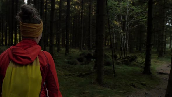 female hiker walking on a trail in the woods, camera tracking /dolly in on a steadicam to follow the