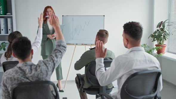 Coach Session Young Woman Manager Presents a Plan for a New Project to Employees on Flipchart Man