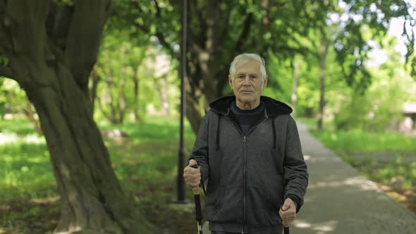 Active Senior Old Man Training Nordic Walking with Ski Trekking Poles in Park