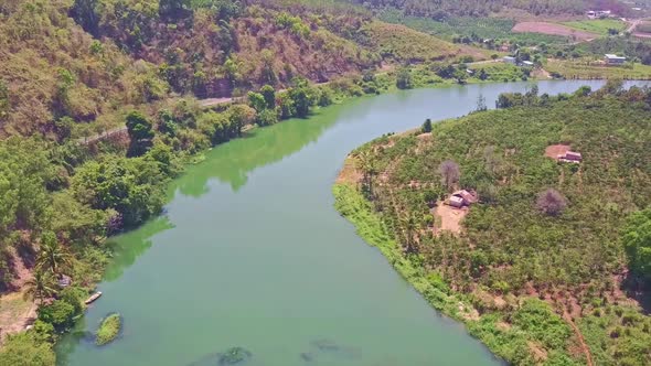 Drone Shows River Pongour Among Tropical Landscape Highlands