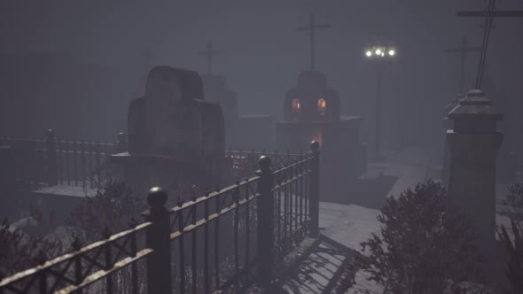 Very Old Misty and Creepy Graveyard in Fog at Night