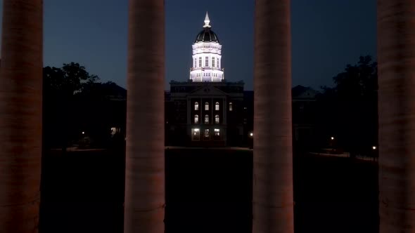Jesse Hall Columns & Building at University of Missouri - Amazing Nighttime Aerial Drone View
