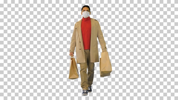 Man in medical mask on face walking with, Alpha Channel