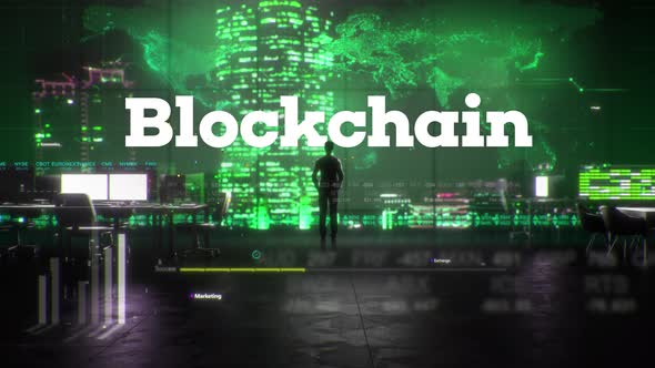 Finance Businessman in Office With Blockchain Text