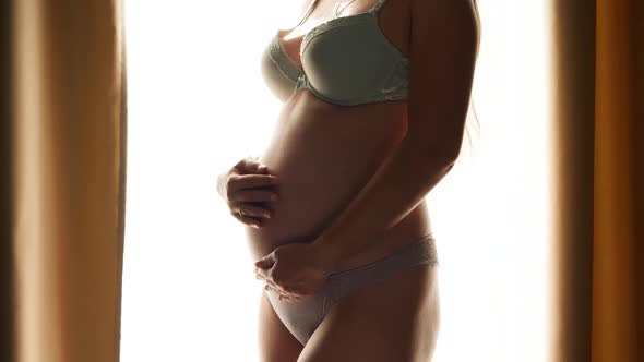 Silhoutte Os Beautiful Pregnant Woman in Lingerie Touching Her Belly and Stroking Gently with Hand