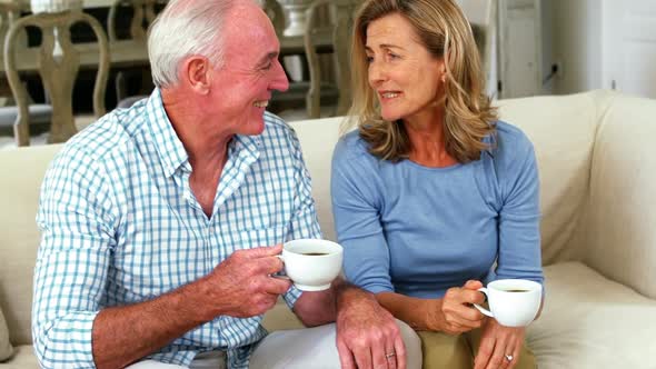 Smiling senior couple interacting while having cup of coffee in living room