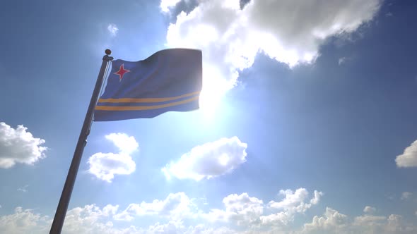 Aruba Flag (Netherlands) on a Flagpole V4 - 4K