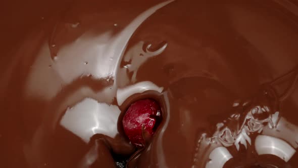Candied Cherries Falls Into Molten Premium Handmade Chocolate Slow Mo