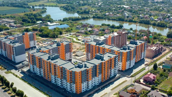 Aerial view of newly built modern apartment building facade