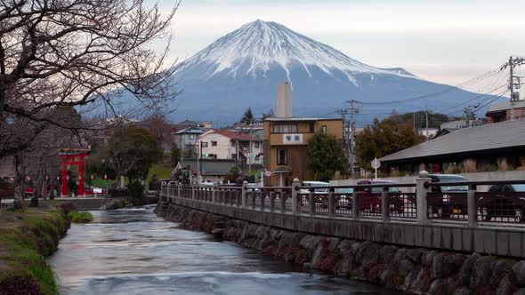 Epic Mount Fuji Cars Stream Town Background Japan