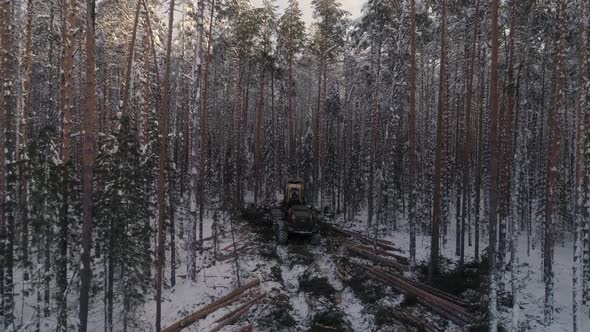 Drone view of Forest harvester in action in winter forest 19