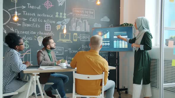 Muslim Employee in Hijab Making Presentation for Creative Business Team in Office