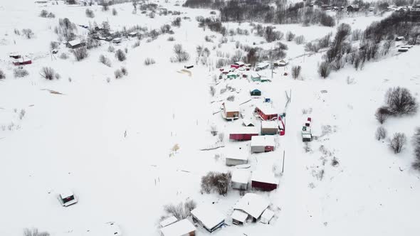 Aerial View From a Drone of a Small Village Winter Landscape Frosty Day Everything is Covered with