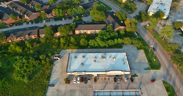 Aerial View Apartmen Building and Car Parking Lot Near 45 Interchanges Freeway in Houston Texas