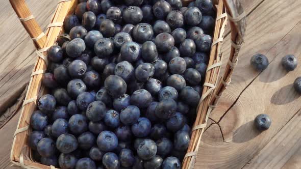 Basket with Large Blueberries on the Wooden Table