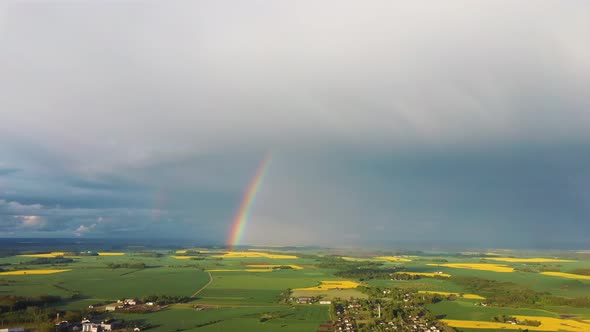 The Rainbow Over Agriculture Landscape Many Fields of Yellow Rapeseed Aerial View 4K