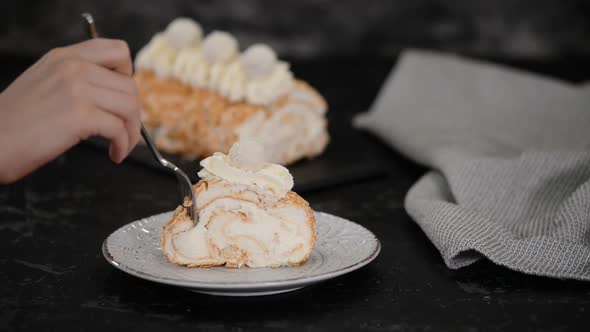 Delicious Meringue Cake Roll Slice On A Plate.	