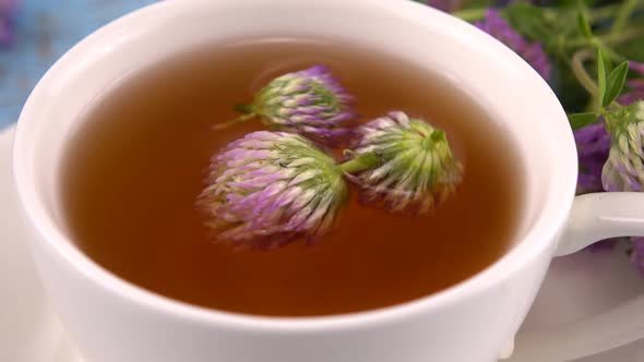 Brewing a tisanes from red clover in a white cup.