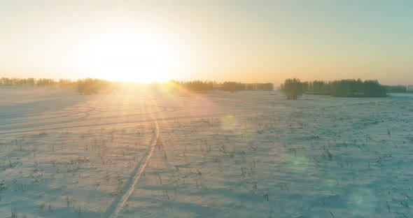 Aerial Drone View of Cold Winter Landscape with Arctic Field, Trees Covered with Frost Snow and