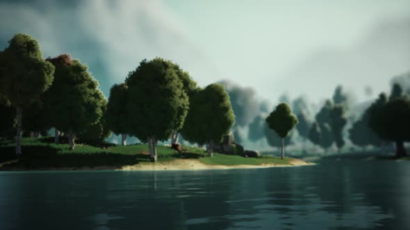Cartoon Green Forest Landscape with Trees and Lake