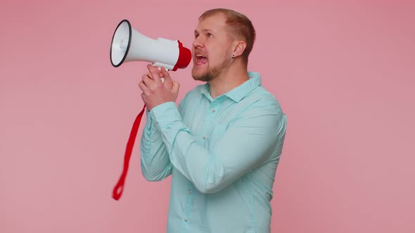 Smiling Bearded Man Talking with Megaphone Proclaiming News Loudly Announcing Sale Advertisement