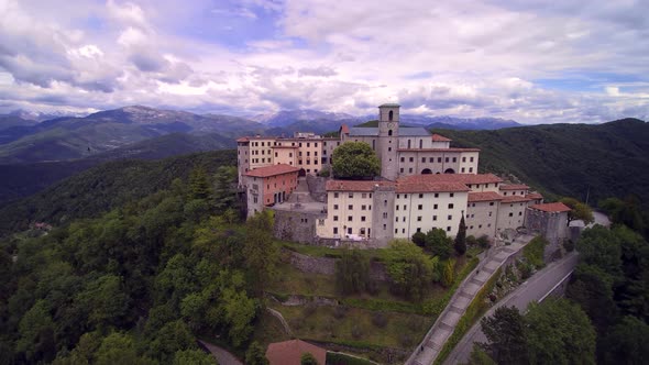 Aerial View Italy monastery, church with tower