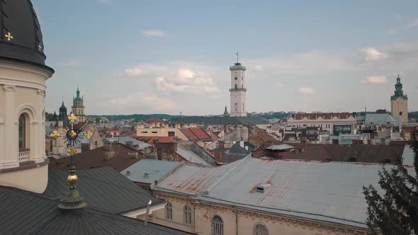 Aerial Drone Video of European City Lviv, Ukraine. Rynok Square, Central Town Hall, Dominican Church