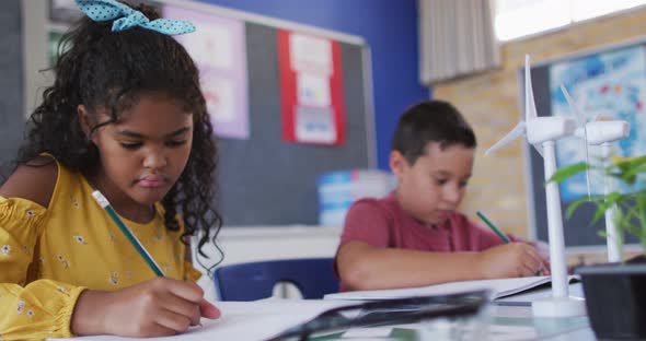 Diverse schoolchildren, learning about wind power and renewable sources of energy