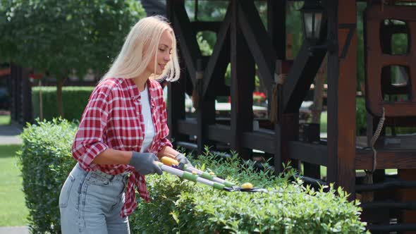 Young Woman Using Large Scissors for Trimming Bushes Outdoors