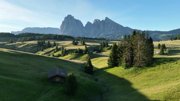 Sunrise on the Seiser Alm in the Dolomites mountains