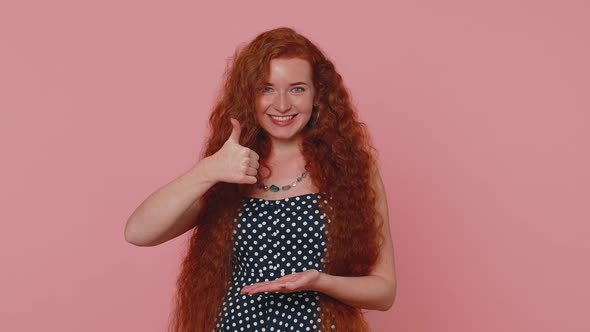 Redhead Woman Pointing Down Saying to Subscribe Gesturing Ok Like Showing Place for Information