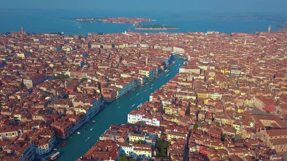 Aerial Drone Video of Iconic and Unique Grand Canal Crossing City of Venice As Seen From High