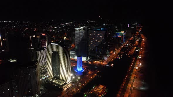 Batumi, Georgia - July 15 2022: Drone flies along new Batumi boulevard at night