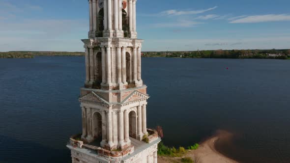 Drone View of the Bell Tower of a Flooded Church in Kalyazin City