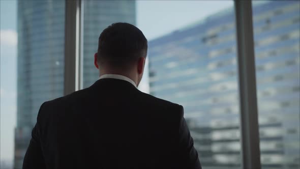 A Businessman Goes To the Window. Side View on Handsome Businessman in Suit Walking Outdoor Big