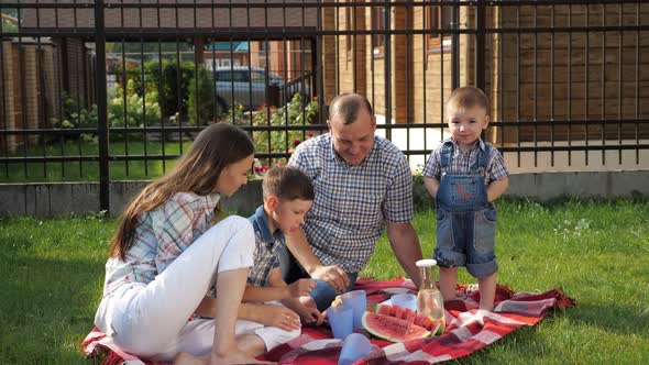 Happy Little Boys Enjoy Picnic with Mother Father Laughing