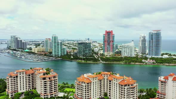 Aerial Approach Miami Beach From Above Fisher Island 4k 24p