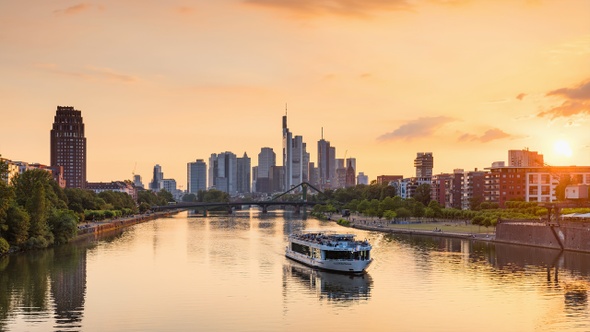 Sunset Frankfurt skyline time lapse, blue sky with clouds, office buildings and skyscraper