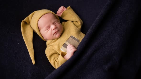 Newborn Little Boy in Yellow Pajamas Sleeping Peacefully on a Dark Blanket Still Life Serenity and
